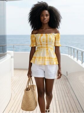Poof Apparel SZ M yellow/white tie dye top w/smocking bust 28”-34” (PTP 14”-17”)